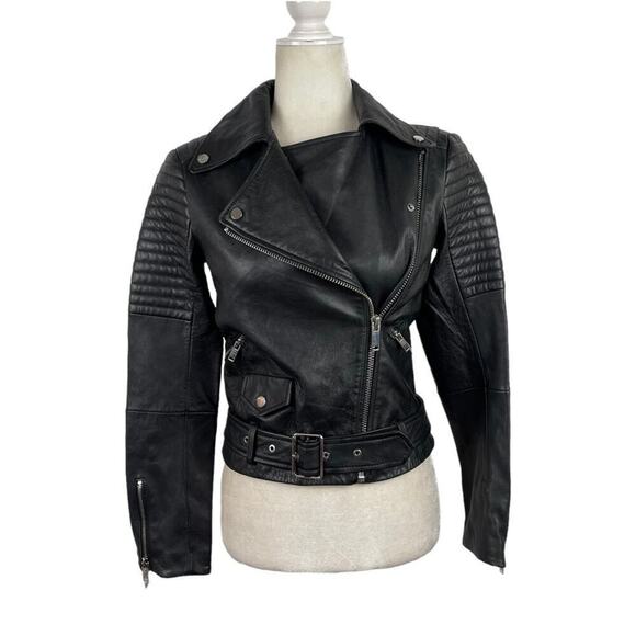 Zara Black Quilted Genuine Sheep Leather Cropped Moto Biker Blogger Jacket XS - Picture 4 of 16